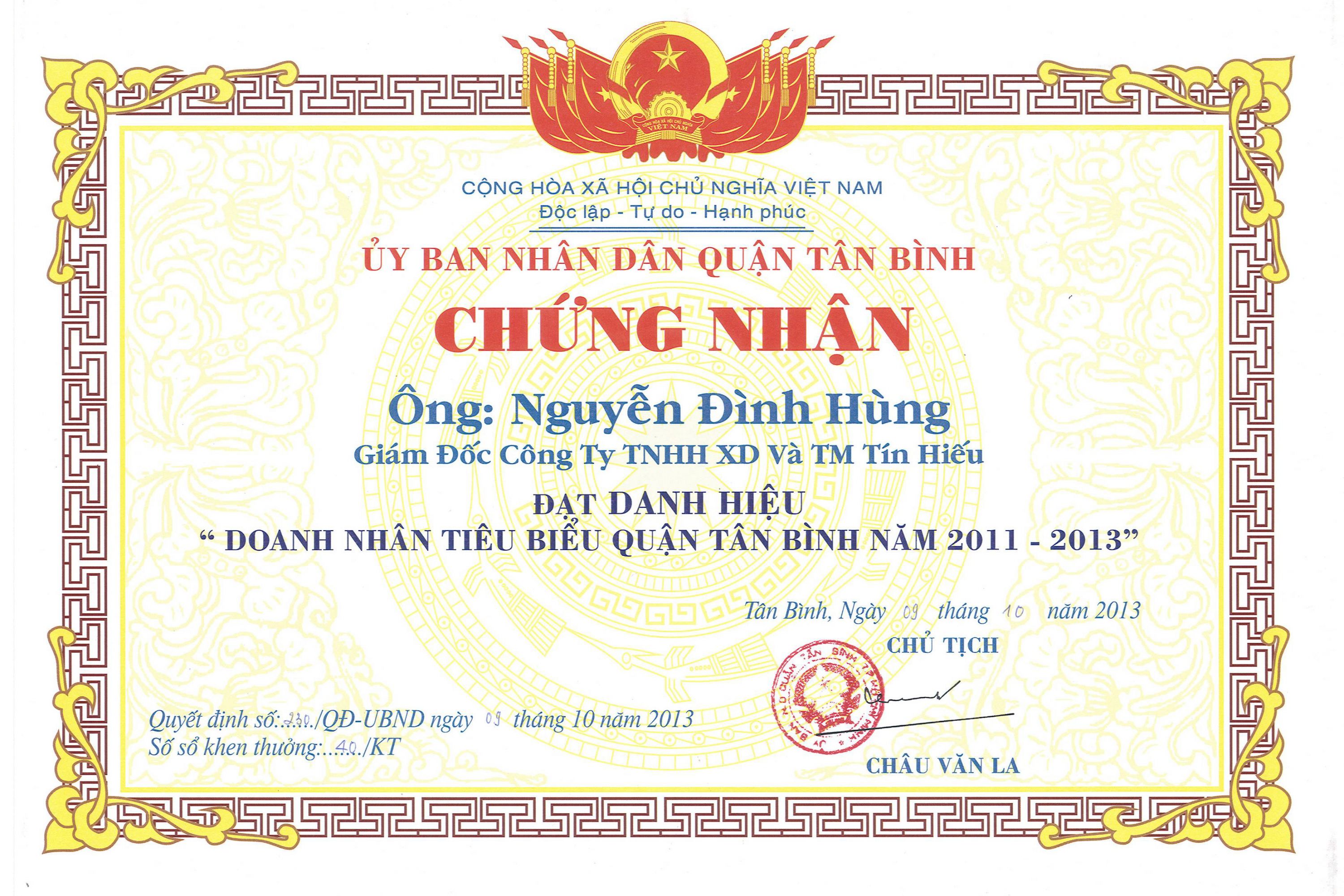 Chứng nhận doanh nhân tiêu biểu quận Tân Bình
